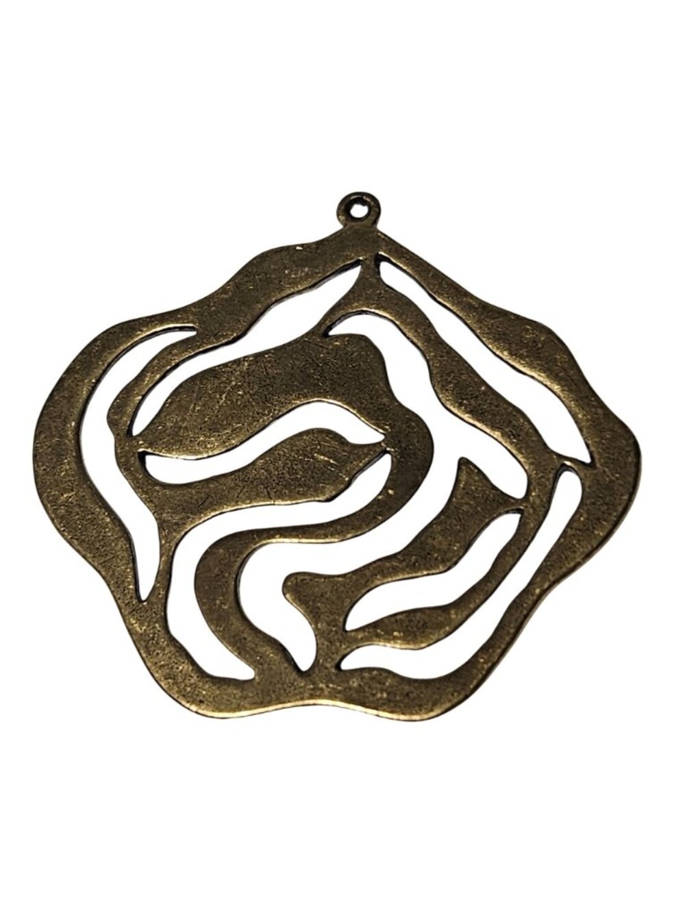 Antiqued Gold Tone Abstract Swirl Pendant Openwork Textured Boho Medallion - Picture 3 of 4